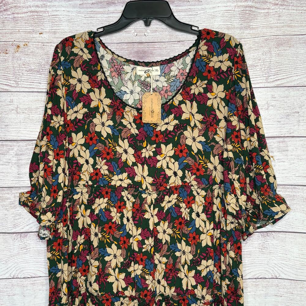 Natural Life Collette Tiered Maxi Tiered Dress Green White Lilies Floral XL New - Picture 4 of 16